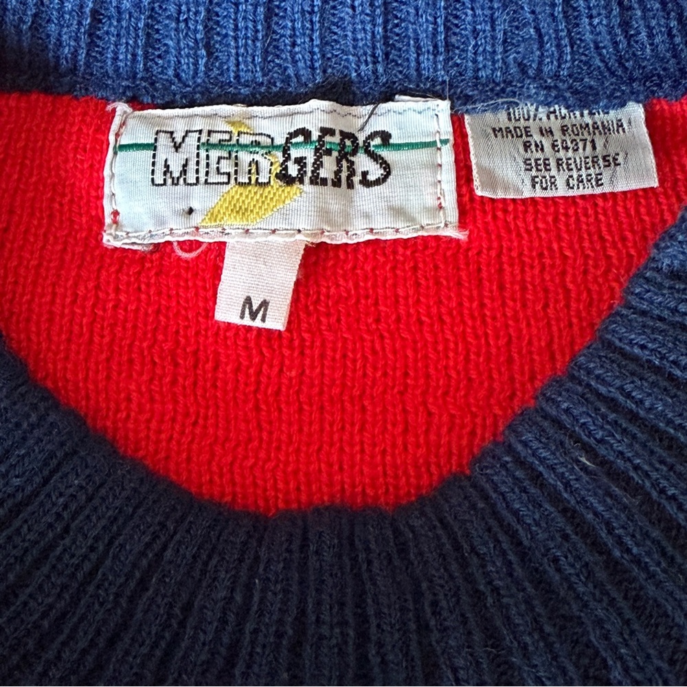 Vintage Mergers Sweater Men M Red Blue Acrylic Pullover Tight Knit 90s Crew Neck - Picture 2 of 7